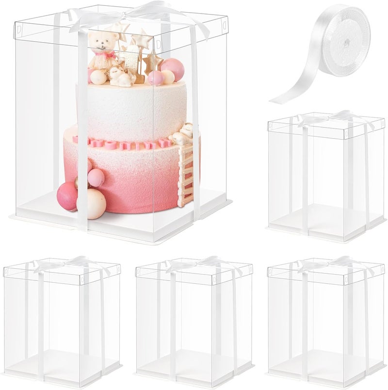 Ocmoiy 10x10x12Inch Clear Cake Box, 5 Pcs Tall Cake Boxes with Ribbon, Treat Transport Boxes for Wedding, Birthday, Party - Image 1